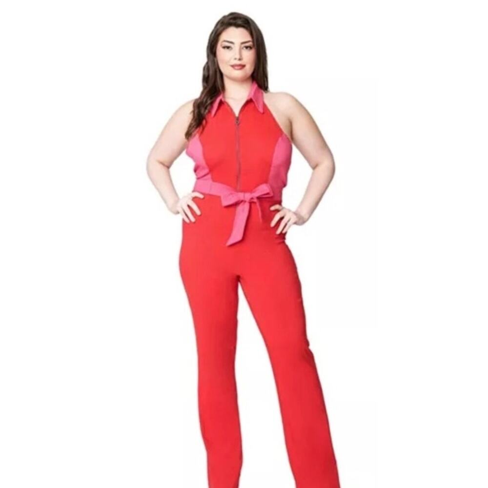 Smak Parlour Unique Vintage Red & Pink Heart Pocket Zip Halter Jumpsuit S NWOT - Picture 3 of 5